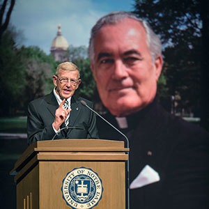 Lou Holtz speaking at Father Hesburgh's memorial tribute